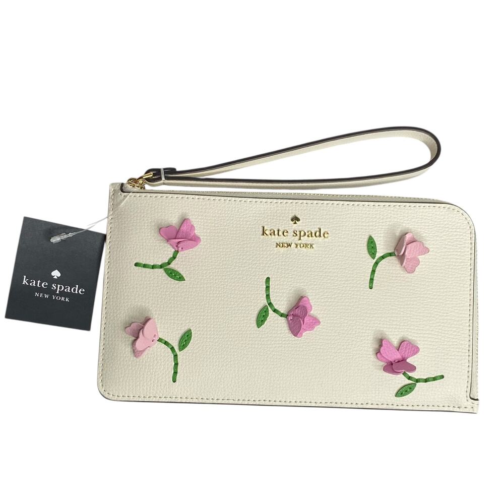 Kate Spade Ivory Wristlet with Pink and Green Floral Design